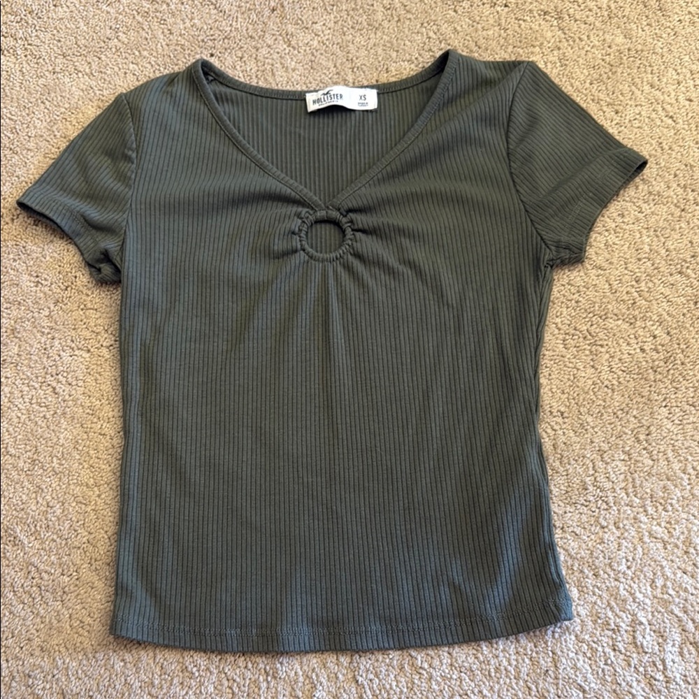 Ribbed Olive Green V-Neck Top